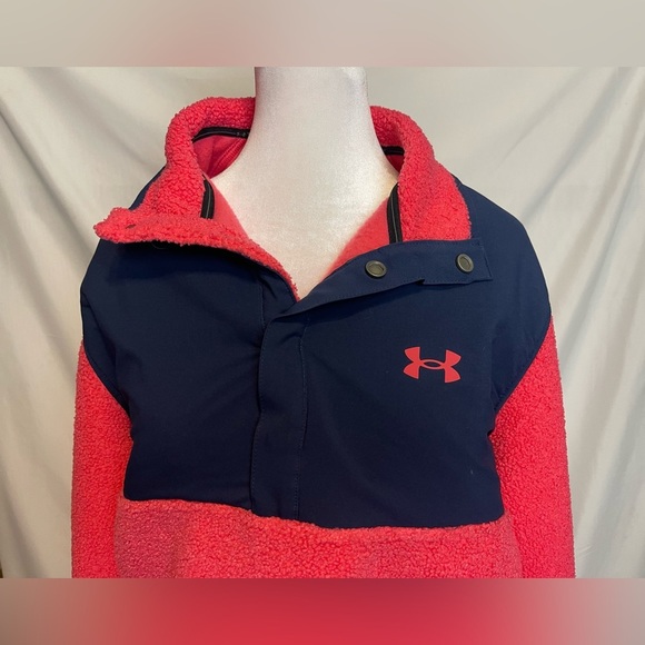Under Armour Golf Mens Sweater Fleece Pile Pullover Pink Navy Blue - Picture 2 of 7